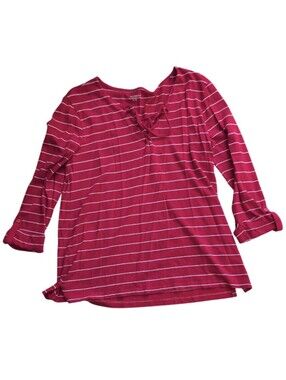 Segments Red Stripe Lace Up Blouse Medium Roll Sleeve Casual Tunic Top
